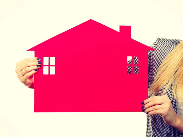 Ownership Property Real Estate Concept Female Hand Holding Red Paper — Stock Photo, Image