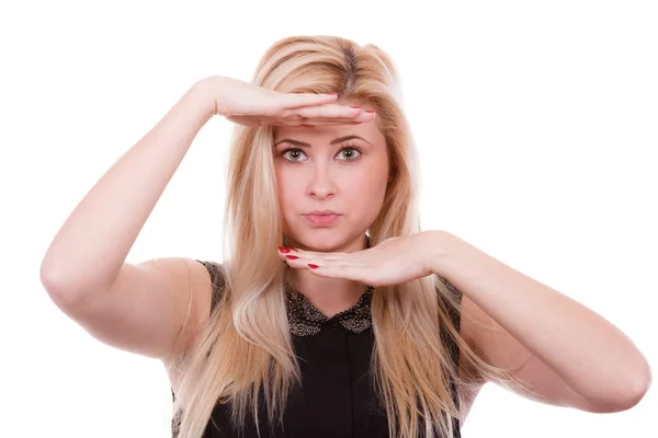 Concentrazione Facciale Gesti Concetto Mimetismo Ritratto Attraente Donna Bionda Con — Foto Stock