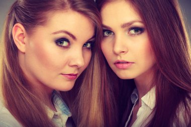 Aile ilişkileri, arkadaşlık kavramı. İki güzel kız kardeş, sarışın ve esmer, rüzgarda savrulan saçları büyüleyici bir şekilde poz veriyor..