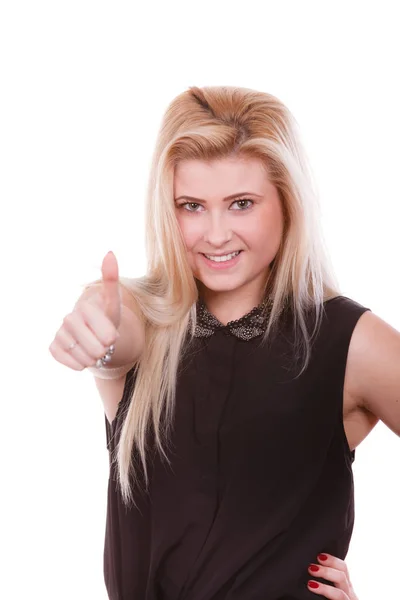 Positive Gestures Success Innovations Concept Smiling Blonde Woman Making Thumb — Stock Photo, Image