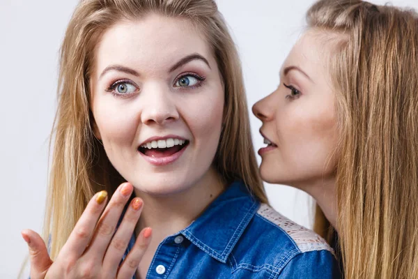 Dos Mujeres Hablando Chismes Contando Cuentos Chicas Hablando Divirtiéndose Vistiendo — Foto de Stock