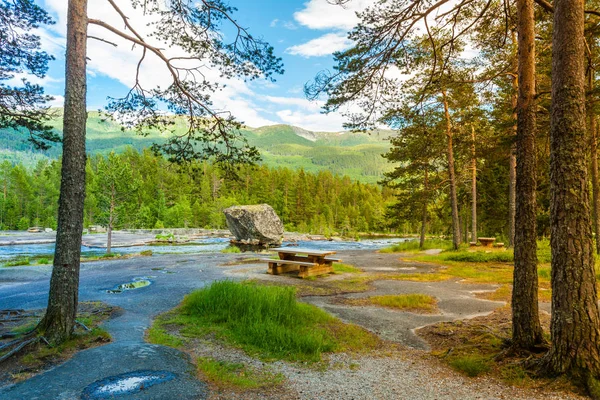 Gyönyörű Kilátás Nyílik Norvég Hegyi Folyó Nyáron — Stock Fotó
