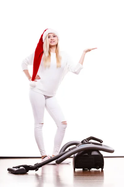 Woman Vacuuming House Funny Teen Girl Santa Helper Hat Vacuum — Stock Photo, Image