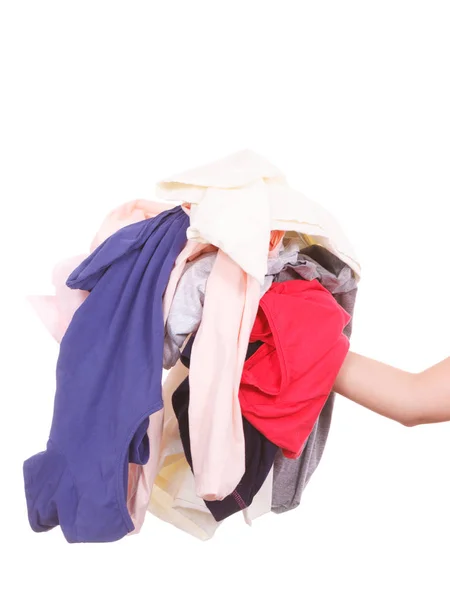 Deveres Domésticos Conceito Dona Casa Perfeita Mulher Segurando Pilha Roupas — Fotografia de Stock