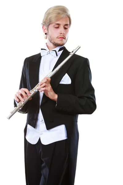 Концепция Классической Музыки Музыкант Флейтист Играющий Флейте Молодой Элегантный Человек — стоковое фото