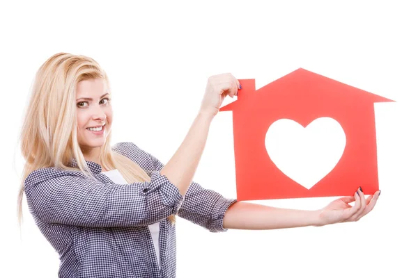 Ownership Property Concept Happy Woman Holding Red Paper House Hole — Stock Photo, Image