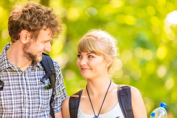 Adventure Tourism Active Lifestyle Young Couple Backpacker Hiking Forest Pathway — Stock Photo, Image