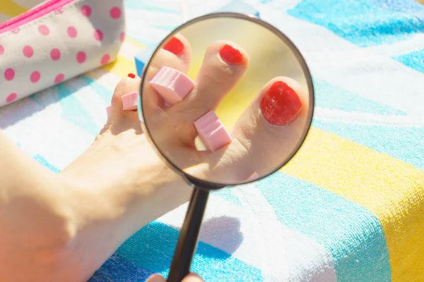 Woman Looking Her Fresh Made Pedicure Magnifying Glass Towel Female — Stock Photo, Image