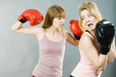 Boks eldivenli sahip iddia iki agresif kadınlar birbirlerine kızdığın mücadele. Kadın violance kavramı.