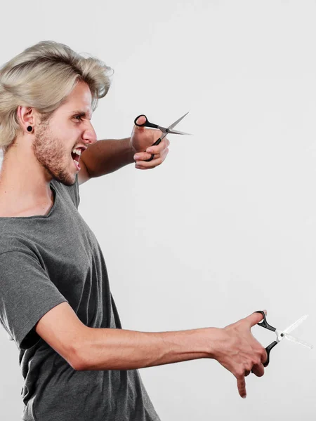 Kapsel Coiffure Haarverzorging Concept Gepassioneerde Mannelijke Kapper Met Schaar Met — Stockfoto