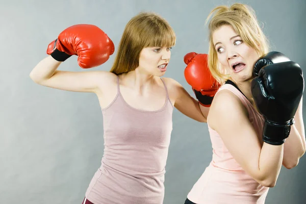 Dos Mujeres Agresivas Usando Guantes Boxeo Discutiendo Pelean Enojándose Entre —  Fotos de Stock