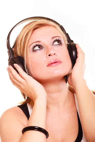 Portrait Musicaly Passion Concept Studio Shot Blonde Young Woman Listening — Stock Photo, Image