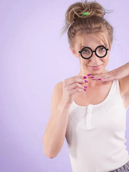 Elegant Young Woman Pretending Wearing Funny Nerd Eyeglasses Education Studying — Stock Photo, Image