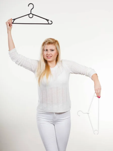 Wardrobe Accessories Concept Blonde Happy Woman Holding Clothes Hanger Studio — Stock Photo, Image