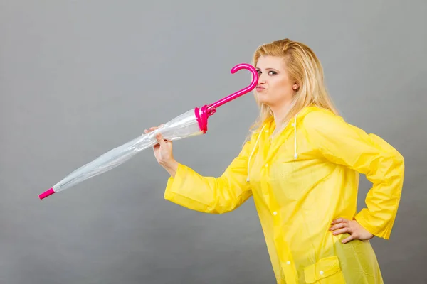 Good Mood Rainy Day Happy Blonde Woman Wearing Yellow Raincoat — Stock Photo, Image