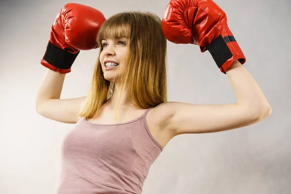 Sporty Woman Wearing Red Boxing Gloves Fighting Studio Shot Grey — Stock Photo, Image