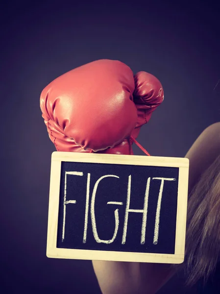 Young Sporty Woman Wearing Boxing Glove Holding Black Board Fight — Stock Photo, Image