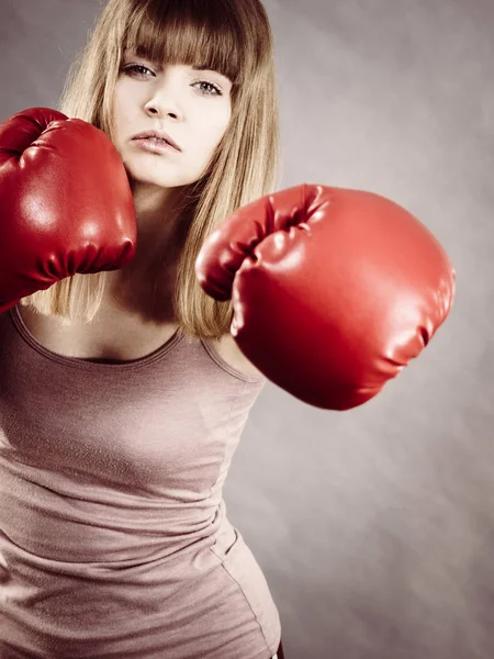 Sporty Woman Wearing Red Boxing Gloves Fighting Studio Shot Grey — Stock Photo, Image