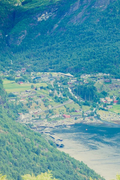 Tourism Vacation Traveling Fantastic View Geirangerfjord Green Mountains Landscape Village — Stock Photo, Image