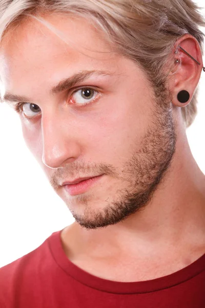 Stylish Teenage Boy Close Portrait Fashionable Hairstyle Pierced Ear Black — Stock Photo, Image