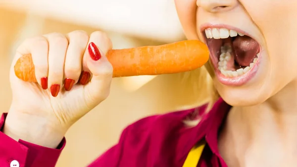 Vegetable Having Good Impact Teeth Young Woman Eating Biting Orange Stock Photo