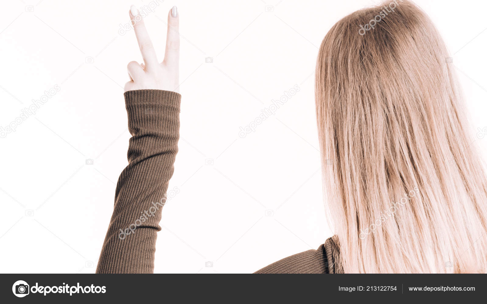 Back View Woman Blonde Hair White Background Showing Peace Good