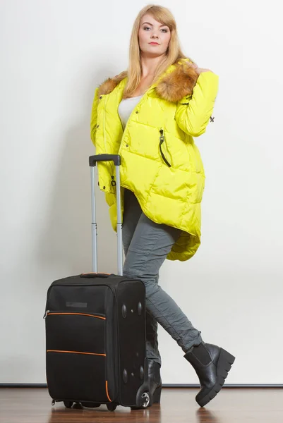 Woman Warm Jacket Suitcase Tourist Travel Girl Tourism — Stock Photo, Image