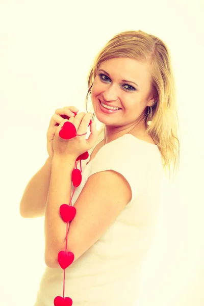 Enamorarse Del Concepto Amada Amante Femenina Con Pequeños Corazones Rojos —  Fotos de Stock