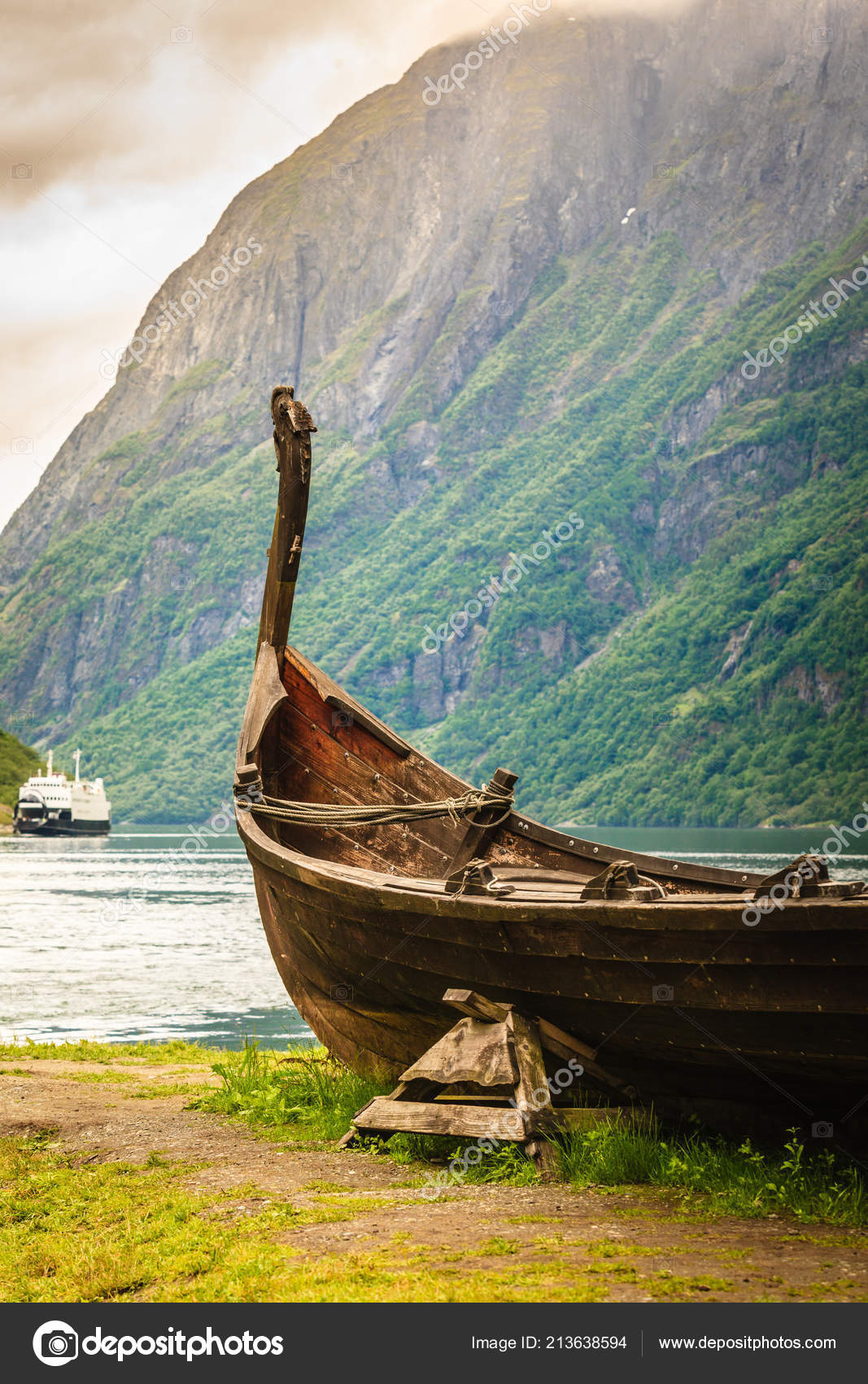 Old Wooden Viking Boat Seashore Norwegian Nature Ferryboat Water Fjord Stock Photo C Anetlanda