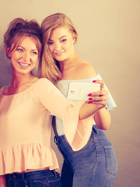 Moda iki kadın selfie alarak kendi kendine eğleniyor smartphone kullanarak resim arkadaşlar zaman zevk.