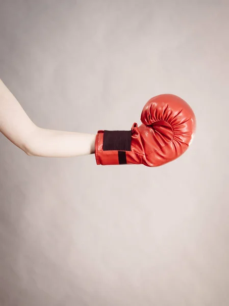 Unrecognizable Sporty Woman Holding Red Boxing Gloves Studio Shot Grey — Stock Photo, Image