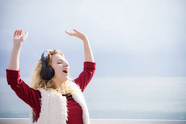 Happy Joyful Woman Listening Music While Being Outdoor Teenage Female Stock Picture