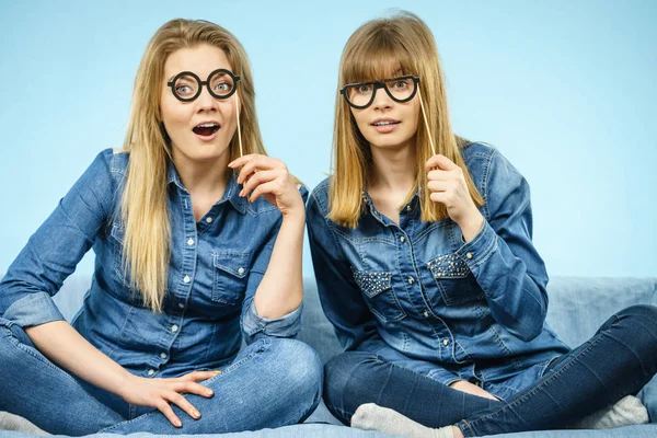 Two Happy Women Holding Fake Eyeglasses Stick Having Fun Fooling — Stock Photo, Image