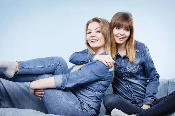 Friendship, human relations concept. Two happy women friends or sisters wearing jeans shirts sitting on sofa having fun conversation.