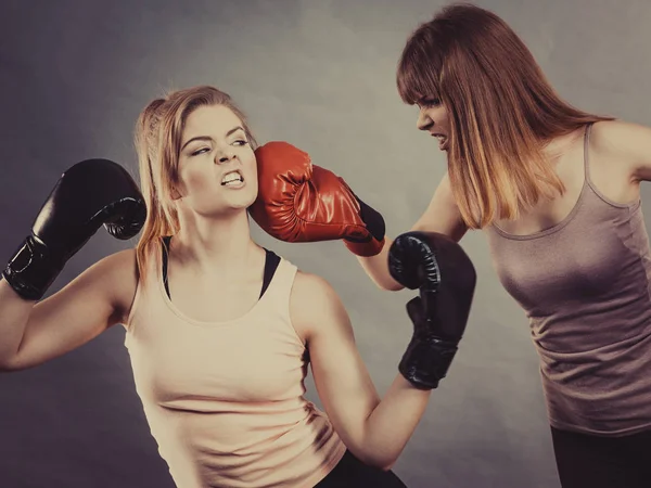 Two Agressive Women Wearing Boxing Gloves Having Argue Fight Being — Stock Photo, Image