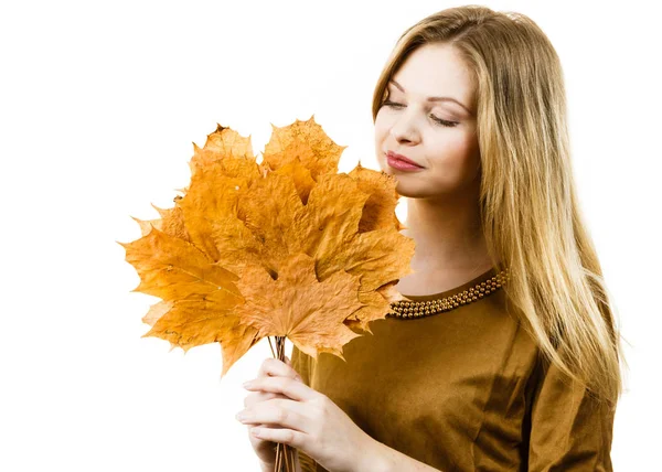 Autumnal Natural Decorations Concept Woman Holding Autumn Leaf Studio Shot — Stock Photo, Image