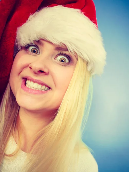 Woman Wearing Santa Claus Hat Making Funny Face Expressions Christmas — Stock Photo, Image