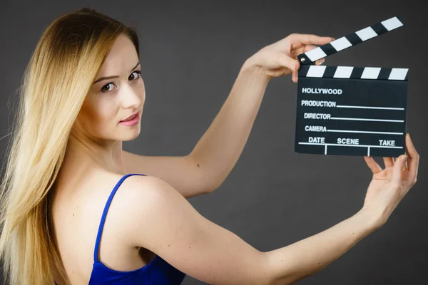 Woman Holding Professional Film Slate Movie Clapper Board Hollywood Production — Stock Photo, Image