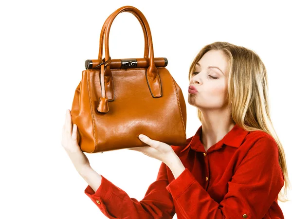 Fashionable Pretty Young Woman Wearing Elegant Casual Red Shirt Holding — Stock Photo, Image