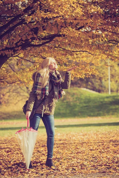 Relajante Concepto Externo Mujer Caminando Parque Con Paraguas Otoño Clima —  Fotos de Stock