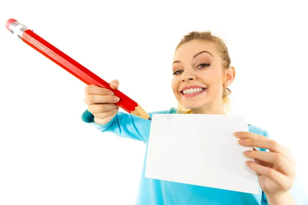 Teenage Woman Writing Some Notes Piece Paper Using Big Oversized — Stock Photo, Image