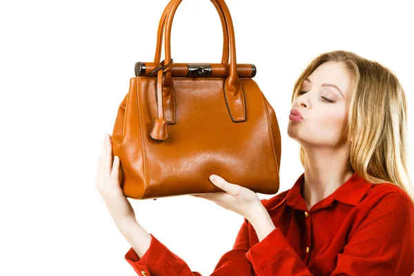 Fashionable Pretty Young Woman Wearing Elegant Casual Red Shirt Holding — Stock Photo, Image