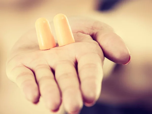 Woman Holding Protective Ear Plugs Getting Rid Noise Loud Place — Stock Photo, Image