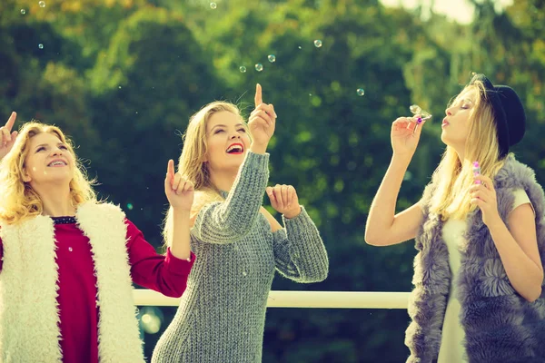 假期快乐 友谊的概念 在户外吹肥皂泡开心的女性朋友 — 图库照片