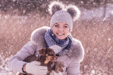 Genç bir kadın kışın eğleniyor. Kar yağarken iki küçük safkan köpek yavrusuyla oynayan dişi.
