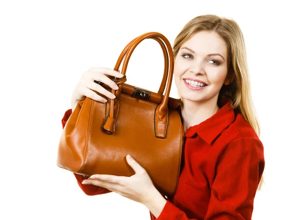 Fashionable Pretty Young Woman Wearing Elegant Casual Red Shirt Holding — Stock Photo, Image