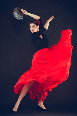 Kültür Taşı. Tarafından oryantal dans performansı yapma güzel kız yetenekli. Kadın siyah arka plan üzerine uzun alevlendi kırmızı etekli dans eylem.