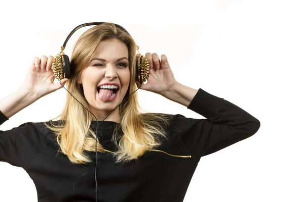 Teenager Young Grunge Woman Listening Music Headphones Spikes Female Enjoying — Stock Photo, Image