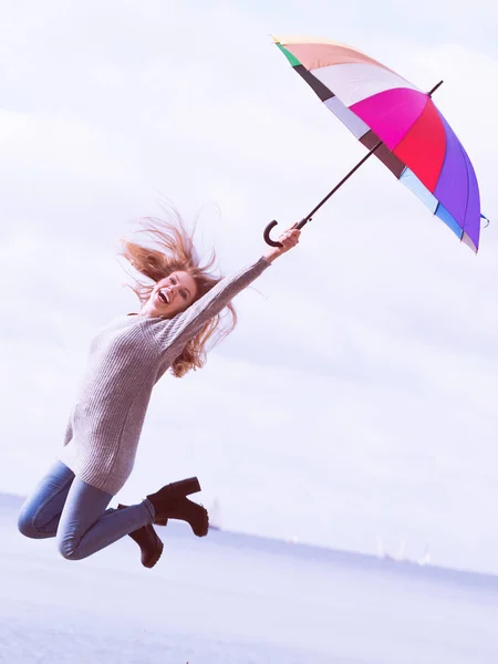 Happiness Enjoying Autumn Weather Feeling Great Concept Woman Jumping Colorful — Stock Photo, Image