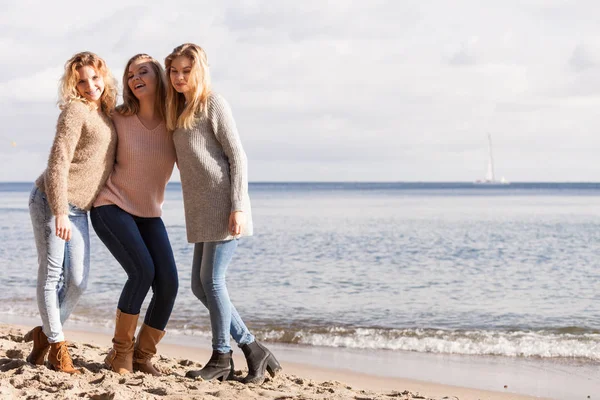暖かい秋の天気の間にセーターを着ている3人のファッショナブルな女性姉妹の友人は 日当たりの良いビーチで自由な時間を過ごしています ファッションモデル屋外 — ストック写真